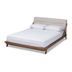 Sante Beige and Walnut King Platform Bed by Baxton Studio