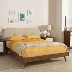 Penelope Mid-Century Beige Fabric Upholstered Queen Size Bed by Baxton Studio