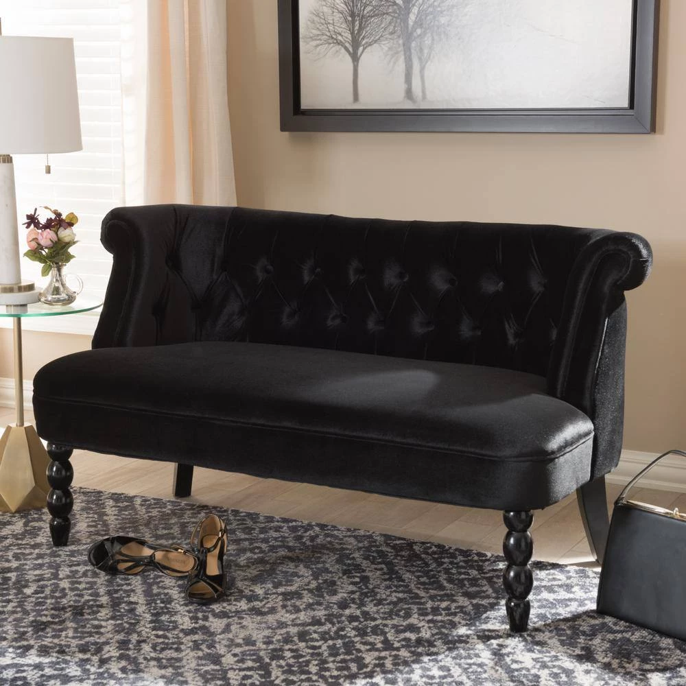 Flax 47.2 in. Black Polyester 2-Seater Armless Loveseat with Turned Wood Legs by Baxton Studio - Image 10