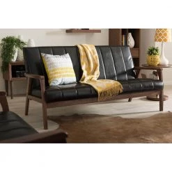 Nikko 63.4 in. Black Faux Leather 4-Seater Cabriole Sofa with Wood Frame by Baxton Studio