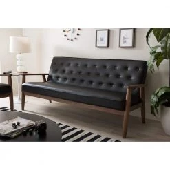 Sorrento 70.6 in. Black Faux Leather 4-Seater Cabriole Sofa with Wood Frame by Baxton Studio