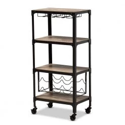 Swanson Black Metal Oak Wood Mobile 3-Shelves Wine Rack Cart by Baxton Studio