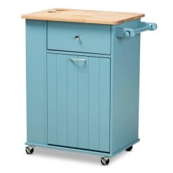 Liona Blue Kitchen Cart with Natural Wood Top by Baxton Studio