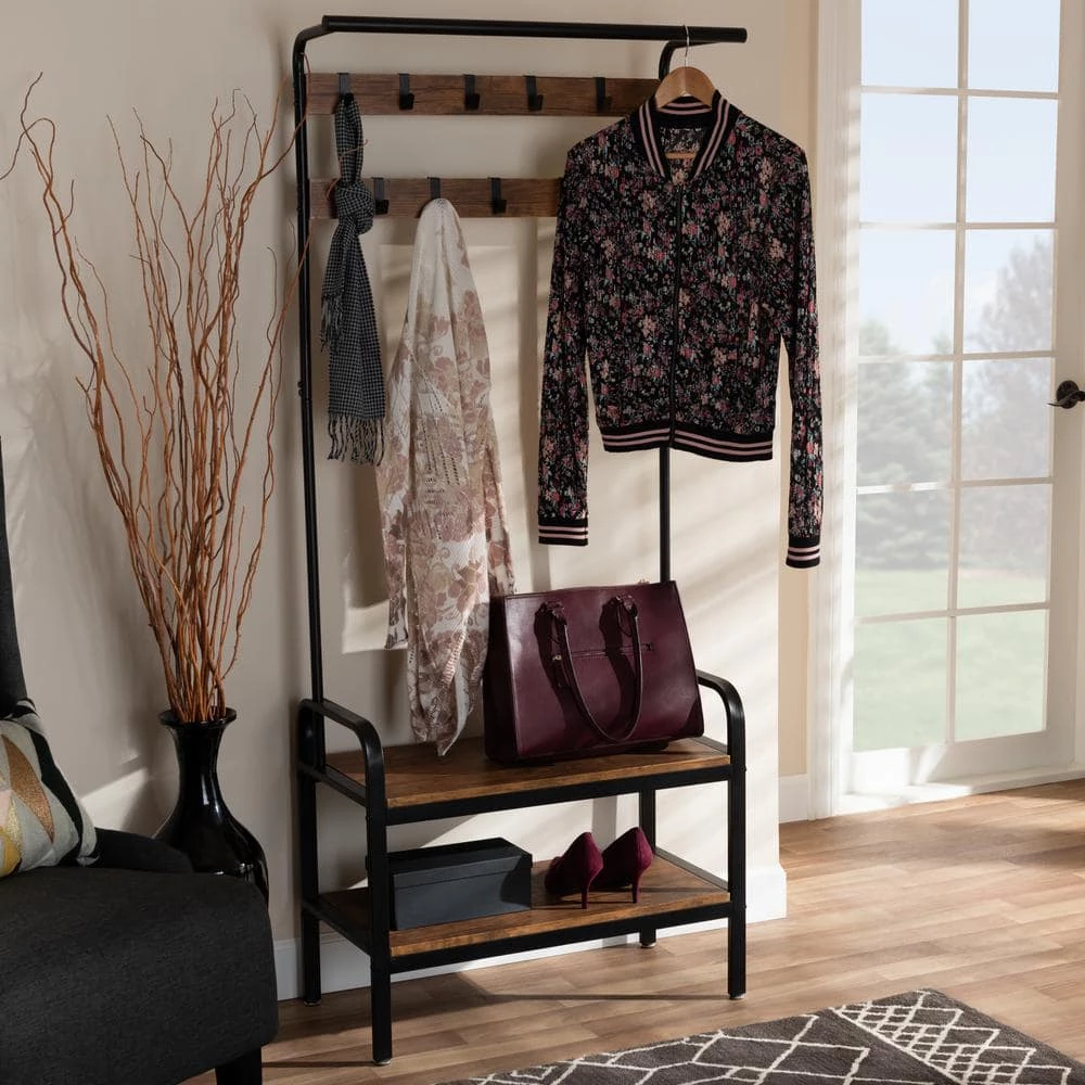 Aislin Brown and Black Coat Rack with Freestanding Shelves by Baxton Studio - Image 6