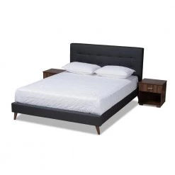 Maren Charcoal and Walnut Full Platform Bed with 2-Nightstands by Baxton Studio
