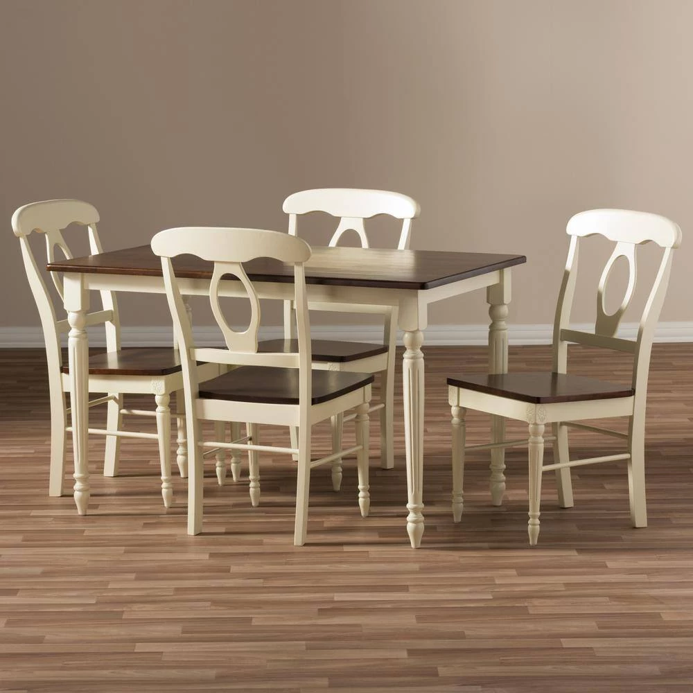 Napoleon 5-Piece Buttermilk and Medium Brown Wood Dining Set by Baxton Studio - Image 4