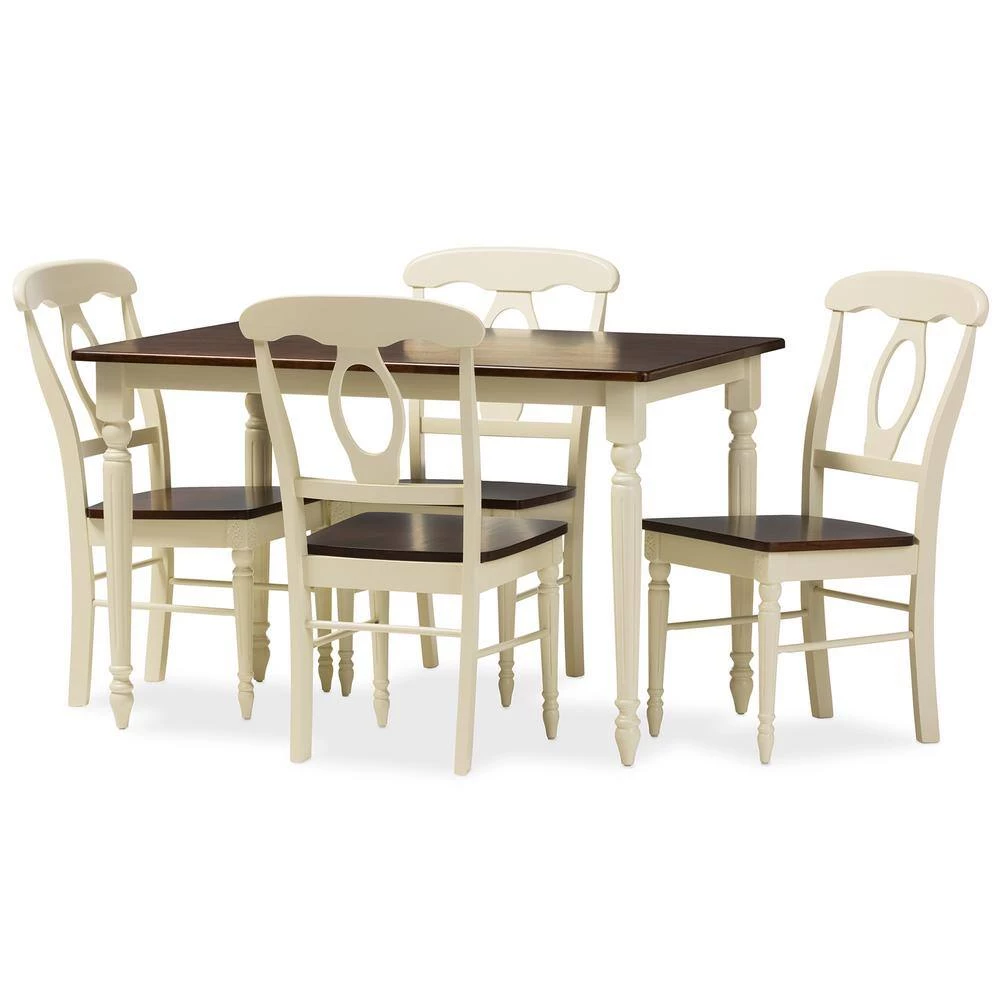 Napoleon 5-Piece Buttermilk and Medium Brown Wood Dining Set by Baxton Studio - Image 3
