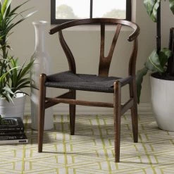 Wishbone Mid-Century 2-Piece Dark Brown and Black Wood Chair Set by Baxton Studio