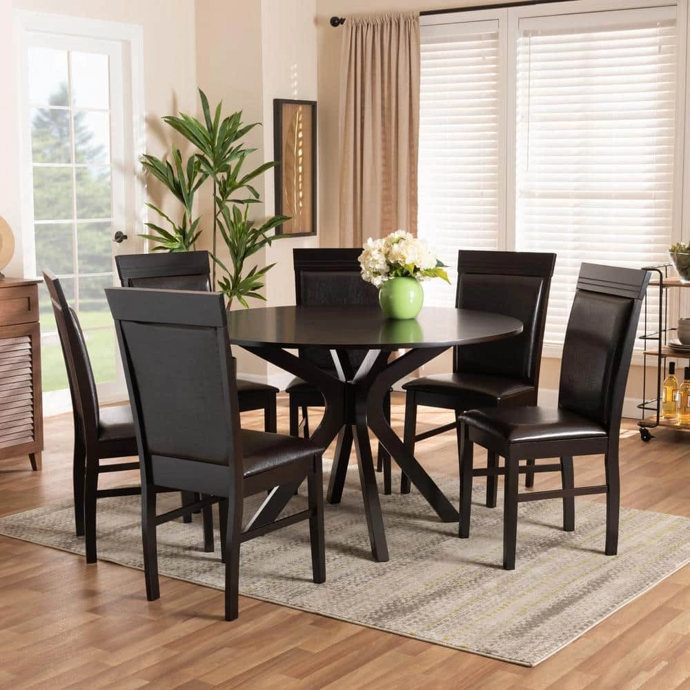 Jeane 7-Piece Dark Brown and Espresso Brown Dining Set by Baxton Studio - Image 8
