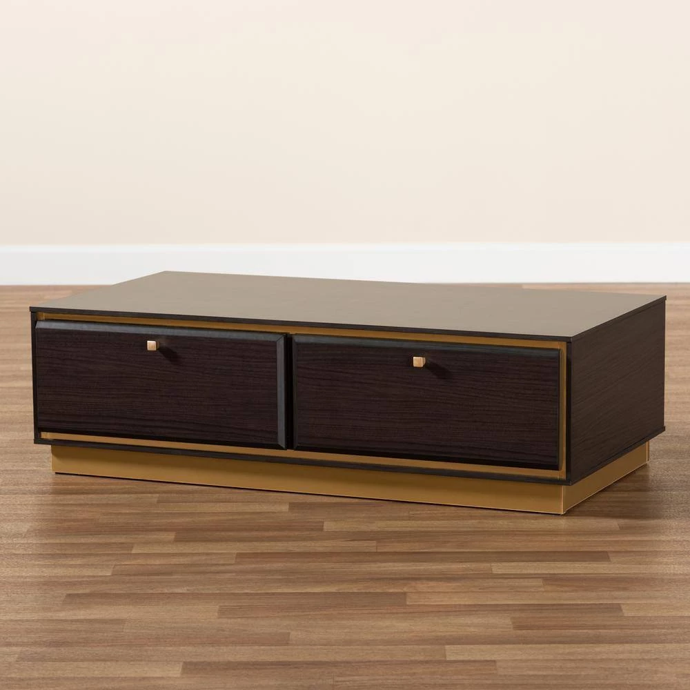 Cormac 41 .3 in. Dark Brown and Gold Rectangle Wood Coffee Table by Baxton Studio - Image 7