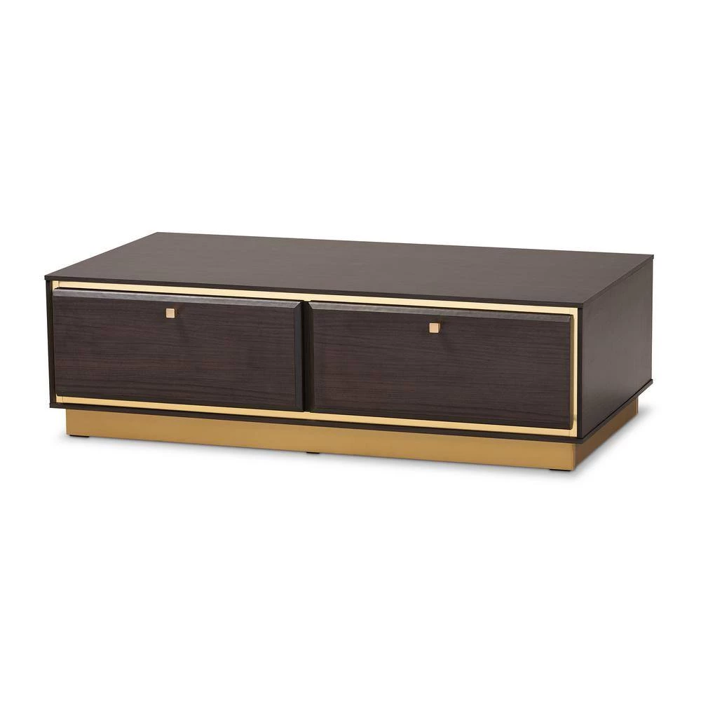 Cormac 41 .3 in. Dark Brown and Gold Rectangle Wood Coffee Table by Baxton Studio - Image 2