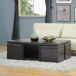 Prescott 4-Piece 48 in. Dark Brown Large Rectangle Wood Coffee Table Set with Casters by Baxton Studio