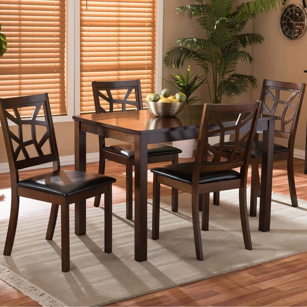 Mozaika 5-Piece Dark Brown Faux Leather Upholstered Dining Set by Baxton Studio - Image 3