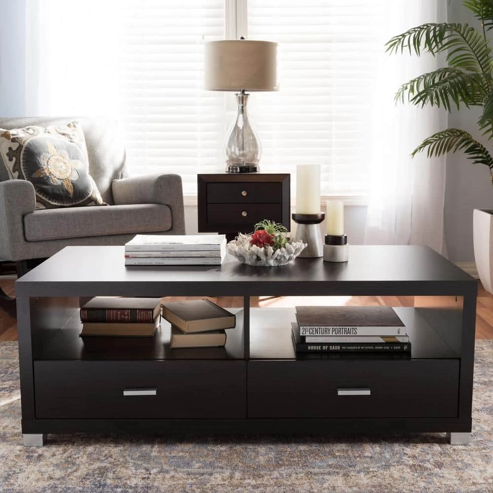Derwent 47 in. Dark Brown Large Rectangle Wood Coffee Table with Drawers by Baxton Studio - Image 8