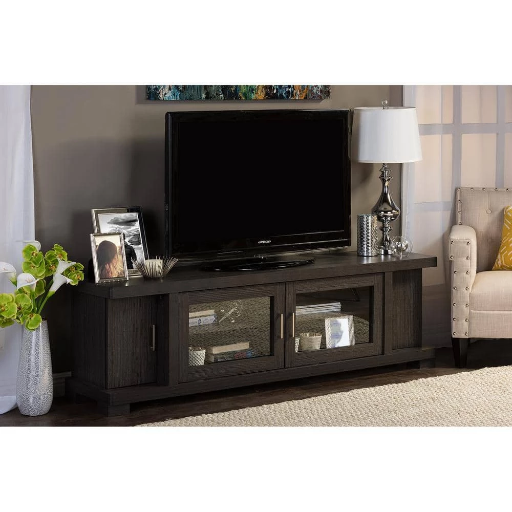 Viveka 70 in. Dark Brown Wood TV Stand Fits TVs Up to 78 in. with Cable Management by Baxton Studio - Image 3