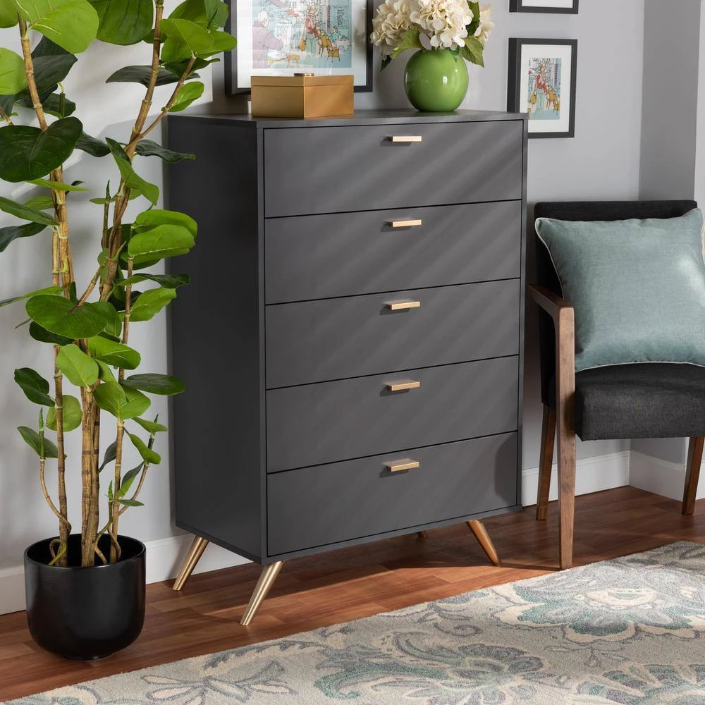 Kelson 5-Drawer Dark Grey and Gold Chest of Drawers (46.1 in. H x 32.5 in. W x 15.75 in. D) by Baxton Studio - Image 8
