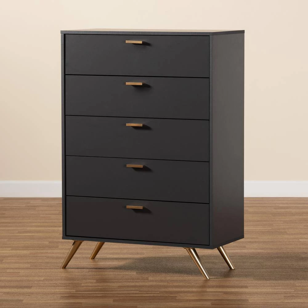 Kelson 5-Drawer Dark Grey and Gold Chest of Drawers (46.1 in. H x 32.5 in. W x 15.75 in. D) by Baxton Studio - Image 7