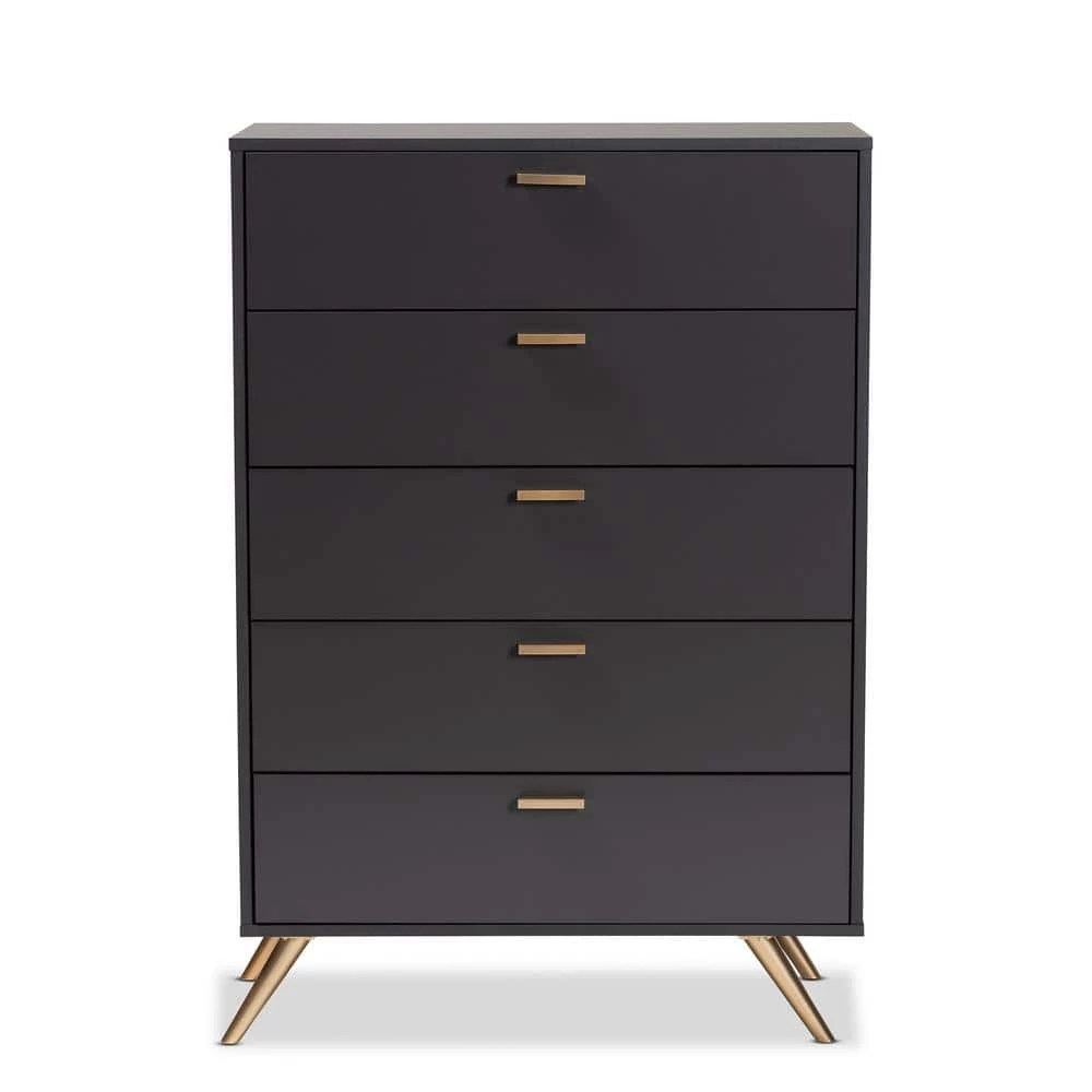Kelson 5-Drawer Dark Grey and Gold Chest of Drawers (46.1 in. H x 32.5 in. W x 15.75 in. D) by Baxton Studio