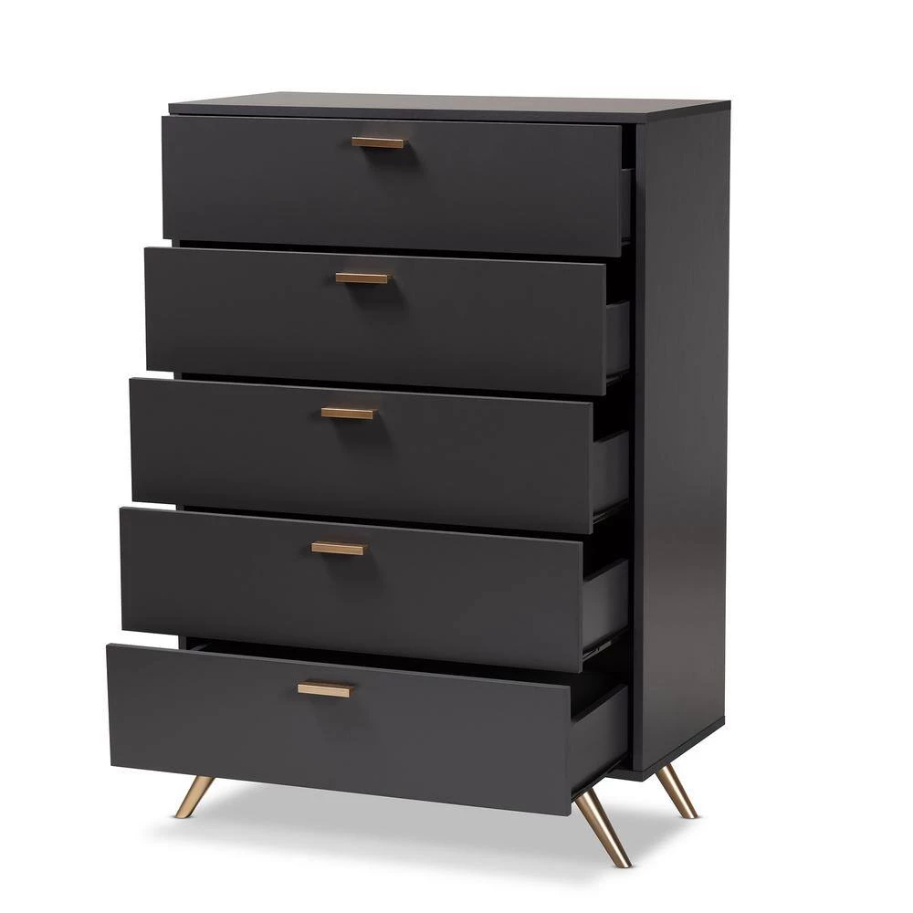 Kelson 5-Drawer Dark Grey and Gold Chest of Drawers (46.1 in. H x 32.5 in. W x 15.75 in. D) by Baxton Studio - Image 3