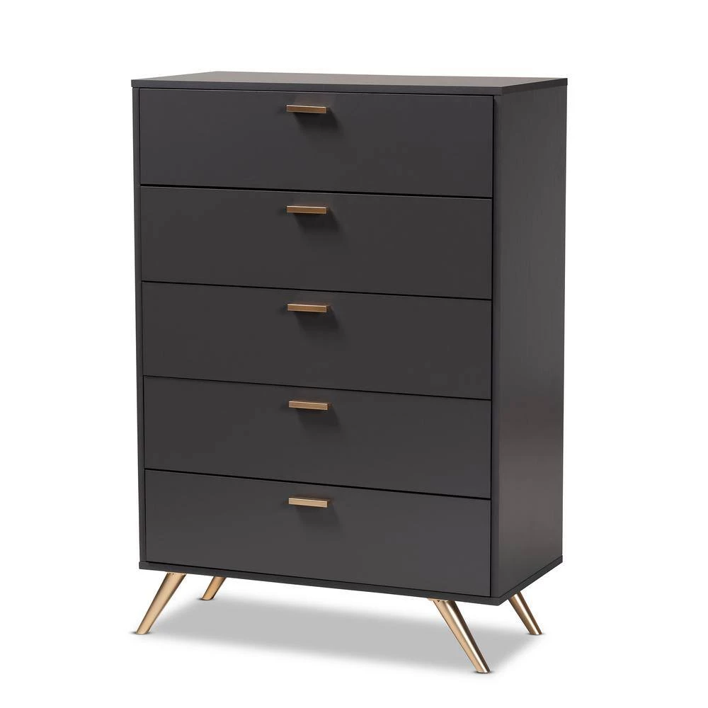 Kelson 5-Drawer Dark Grey and Gold Chest of Drawers (46.1 in. H x 32.5 in. W x 15.75 in. D) by Baxton Studio - Image 2