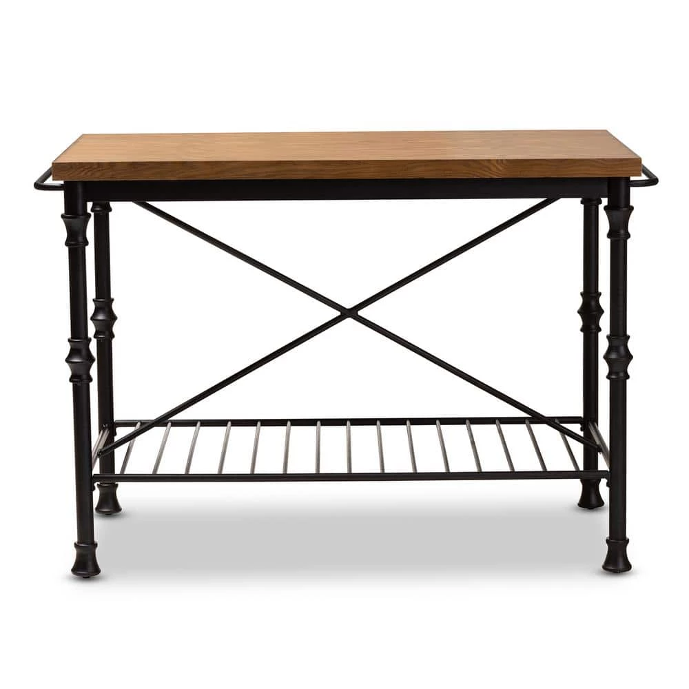 Perin Dark Oak Brown and Dark Bronze Kitchen Island Table by Baxton Studio