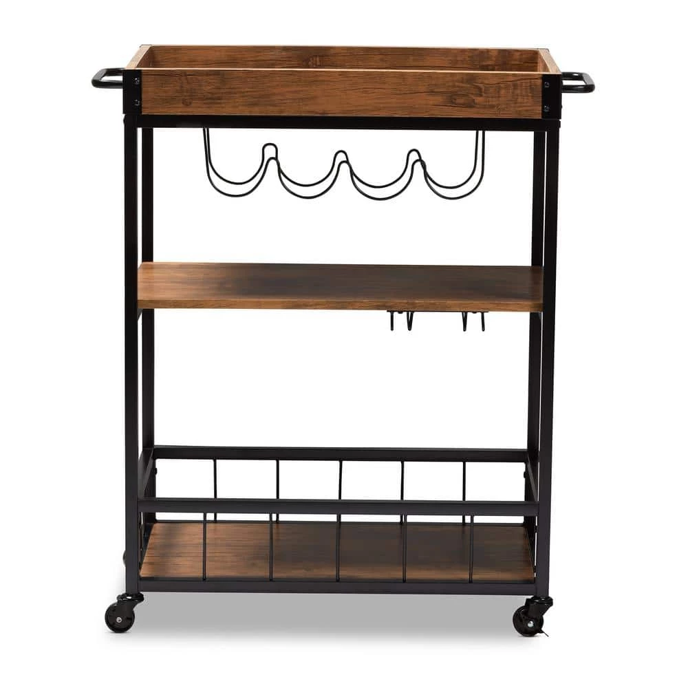 Cerne Golden Oak and Black Bar Cart With Rack by Baxton Studio - Image 6