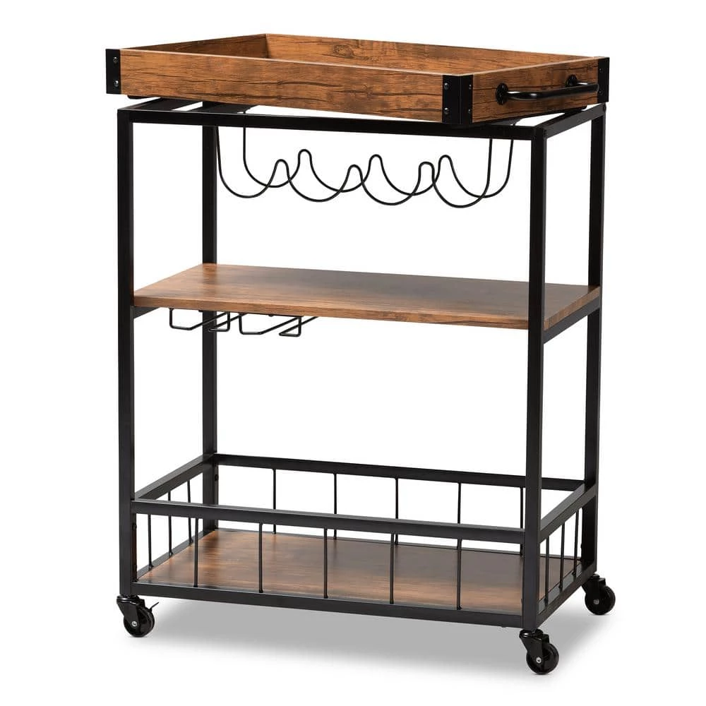 Cerne Golden Oak and Black Bar Cart With Rack by Baxton Studio - Image 4