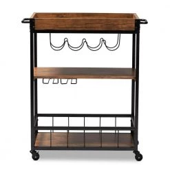Cerne Golden Oak and Black Bar Cart With Rack by Baxton Studio