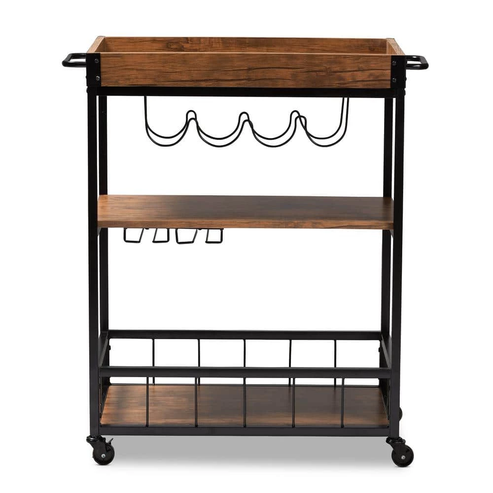 Cerne Golden Oak and Black Bar Cart With Rack by Baxton Studio