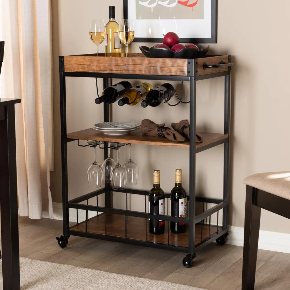 Cerne Golden Oak and Black Bar Cart With Rack by Baxton Studio - Image 3