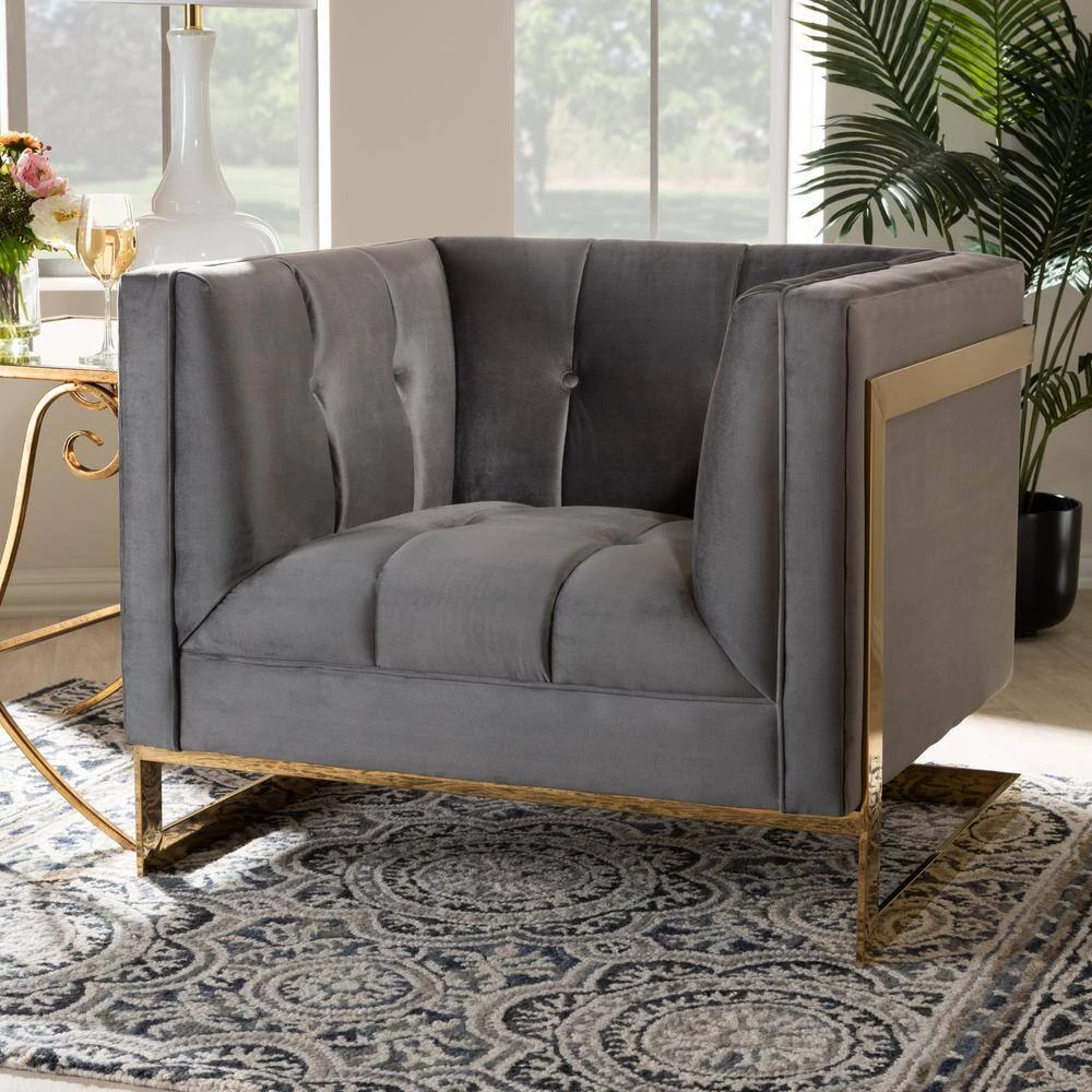 Ambra Gray and Gold Fabric Armchair by Baxton Studio - Image 9