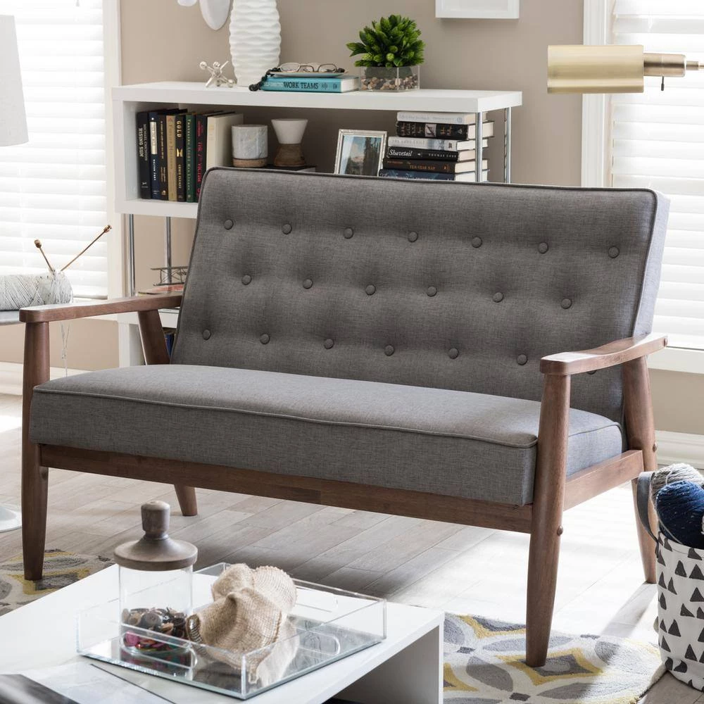 Sorrento 49 in. Gray Polyester 2-Seater Loveseat with Wood Frame by Baxton Studio - Image 7