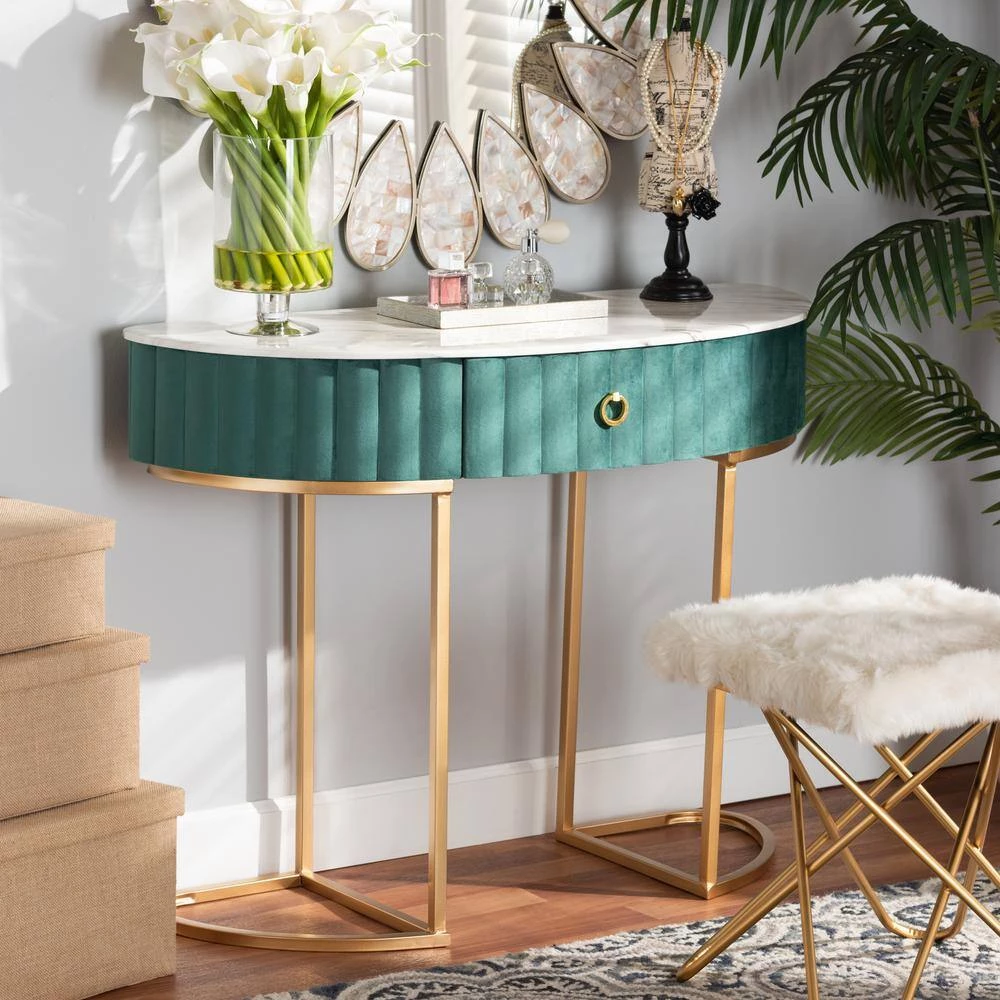 Beale 40 in. Green/Gold Specialty Faux Marble Console Table with Drawer by Baxton Studio - Image 7