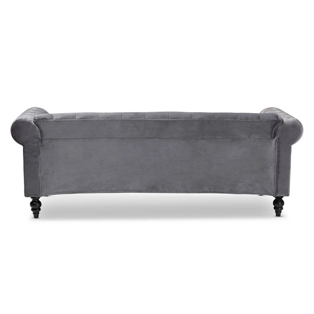 Emma 83.1 in. Grey/Black Fabric 3-Seater Chesterfield Sofa with Round Arms by Baxton Studio - Image 4