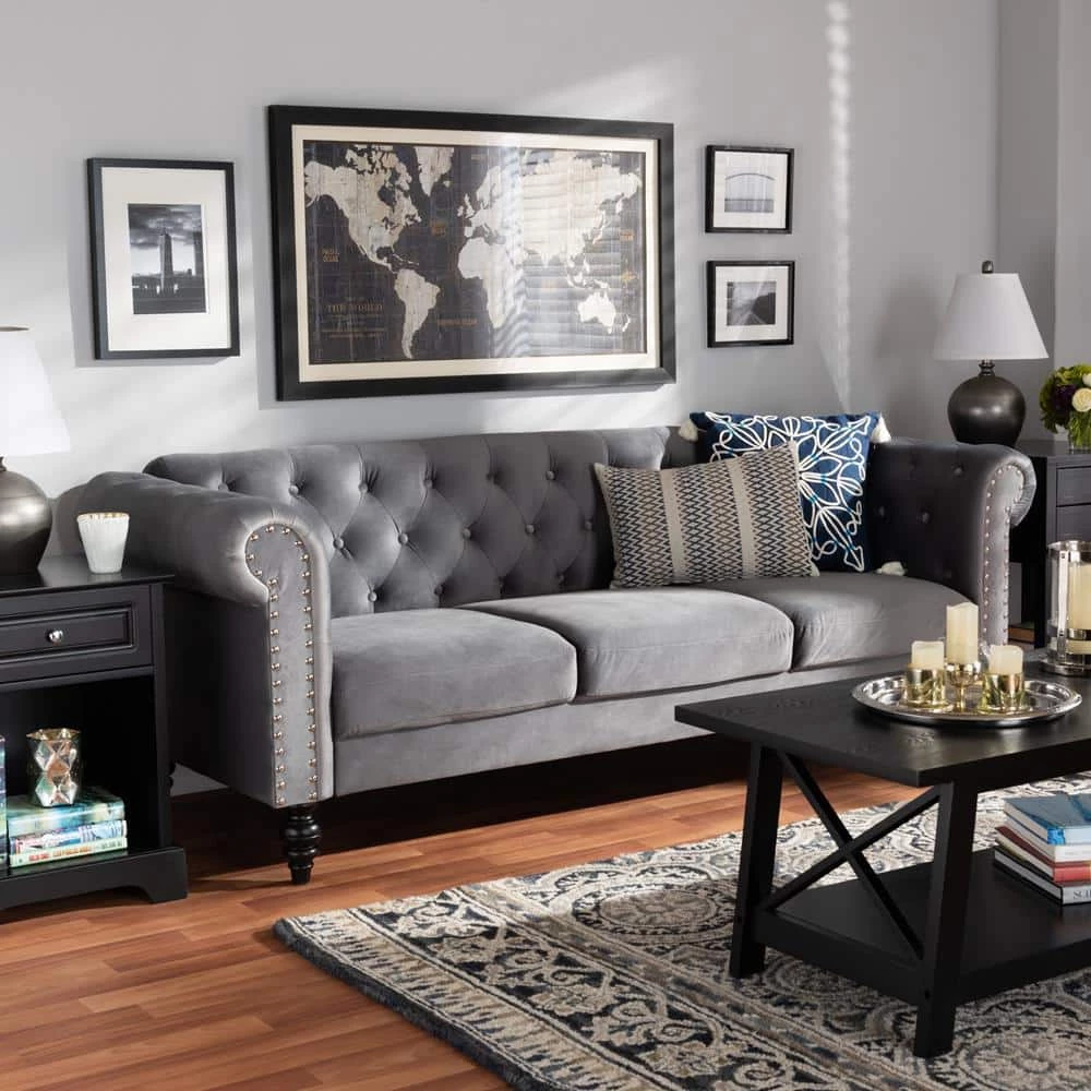 Emma 83.1 in. Grey/Black Fabric 3-Seater Chesterfield Sofa with Round Arms by Baxton Studio - Image 8