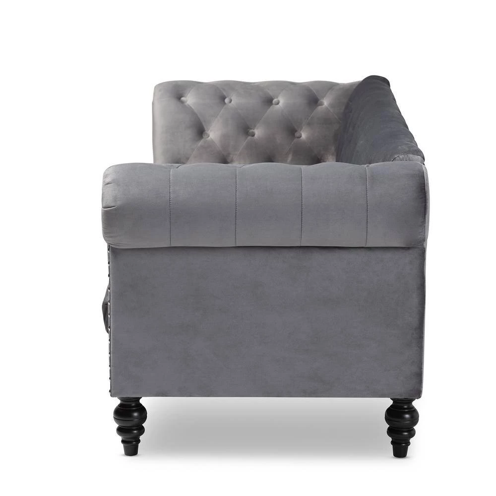 Emma 83.1 in. Grey/Black Fabric 3-Seater Chesterfield Sofa with Round Arms by Baxton Studio - Image 3