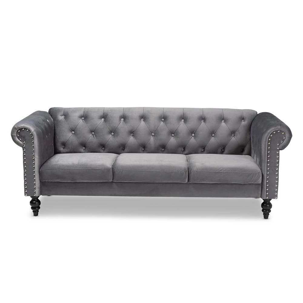Emma 83.1 in. Grey/Black Fabric 3-Seater Chesterfield Sofa with Round Arms by Baxton Studio