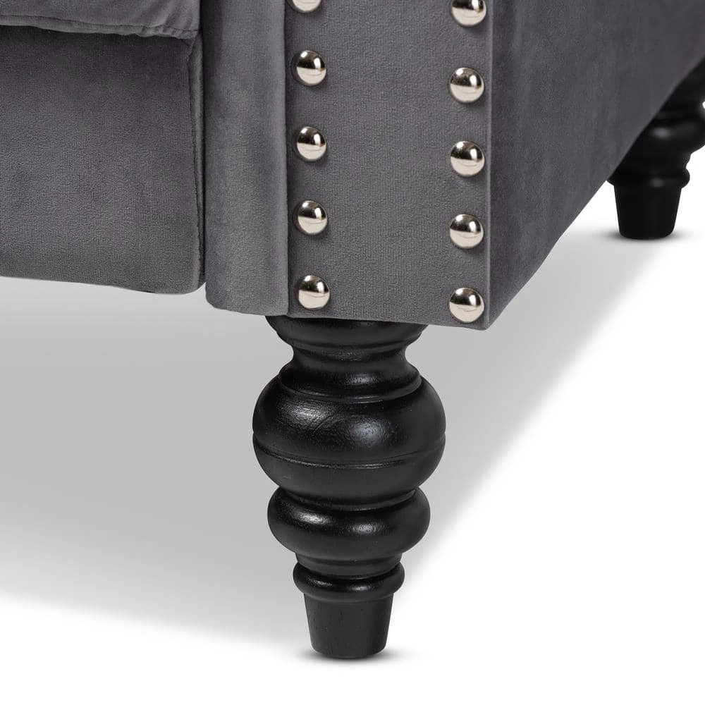 Emma 83.1 in. Grey/Black Fabric 3-Seater Chesterfield Sofa with Round Arms by Baxton Studio - Image 7