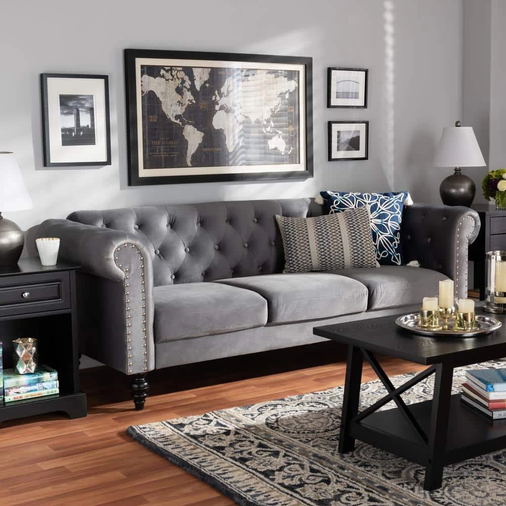 Emma 83.1 in. Grey/Black Fabric 3-Seater Chesterfield Sofa with Round Arms by Baxton Studio - Image 2