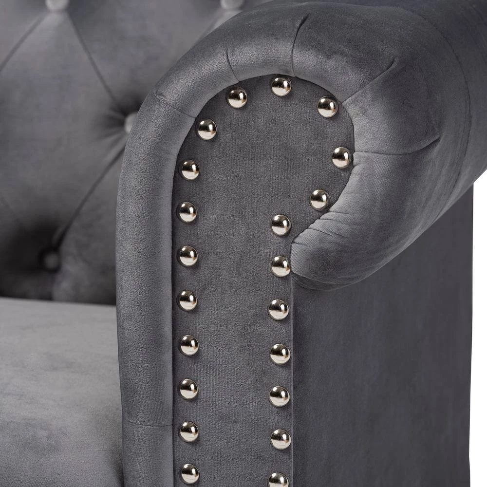 Emma 83.1 in. Grey/Black Fabric 3-Seater Chesterfield Sofa with Round Arms by Baxton Studio - Image 6