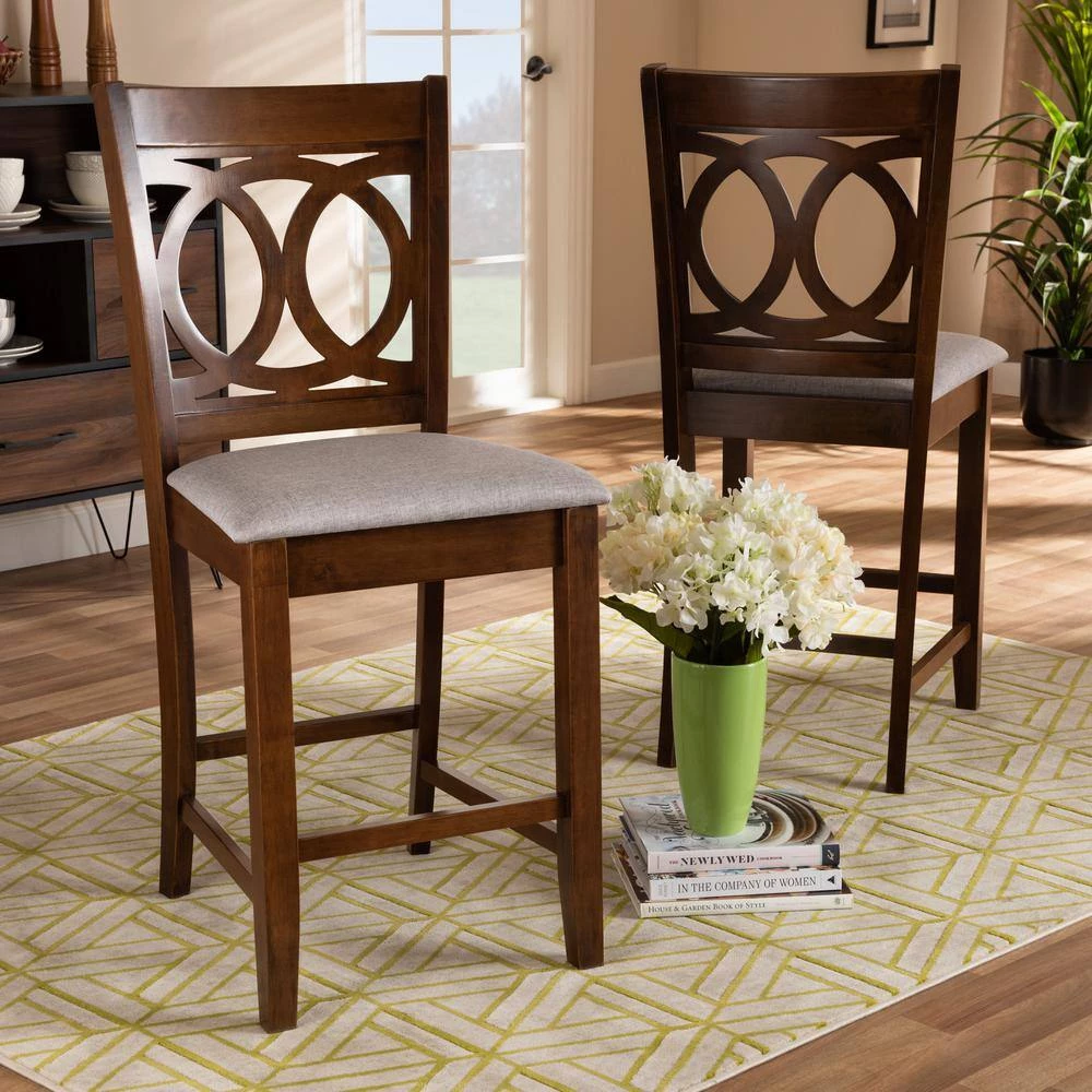 Lenoir 25 in. Grey and Walnut Counter Stool (Set of 2) by Baxton Studio - Image 3