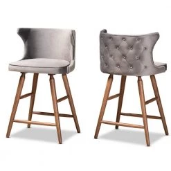 Sagira 37 in. Grey and Walnut Brown Low Back Wood Counter Height Bar Stool (Set of 2) by Baxton Studio