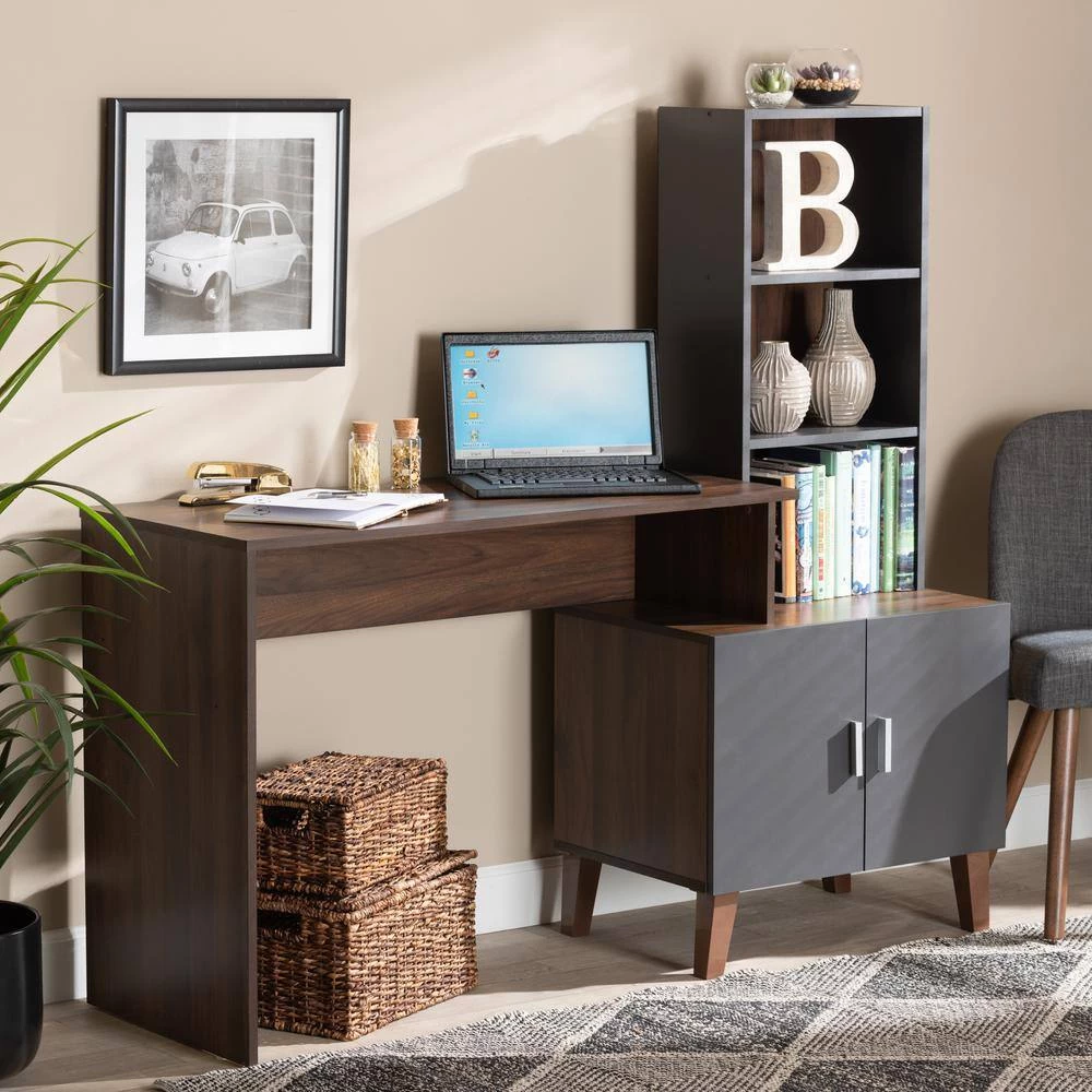 Jaeger 56.7 in. Grey and Walnut Brown Computer Desk by Baxton Studio - Image 8