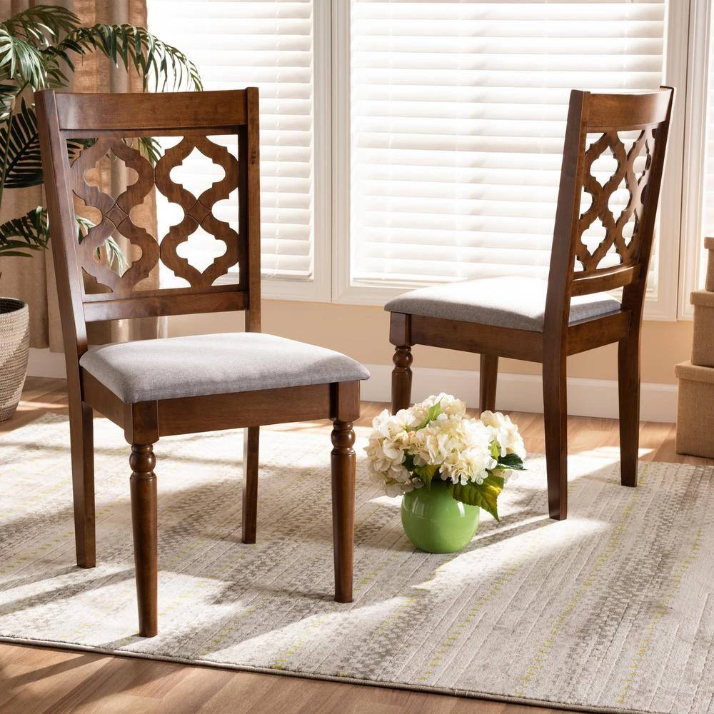 Ramiro Grey and Walnut Brown Upholstered Dining Chair (Set of 2) by Baxton Studio - Image 7