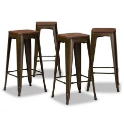 Horton 30.3 in. Gunmetal and Walnut Brown Backless Metal Bar Height Bar Stool with Wood Seat (Set of 4) by Baxton Studio