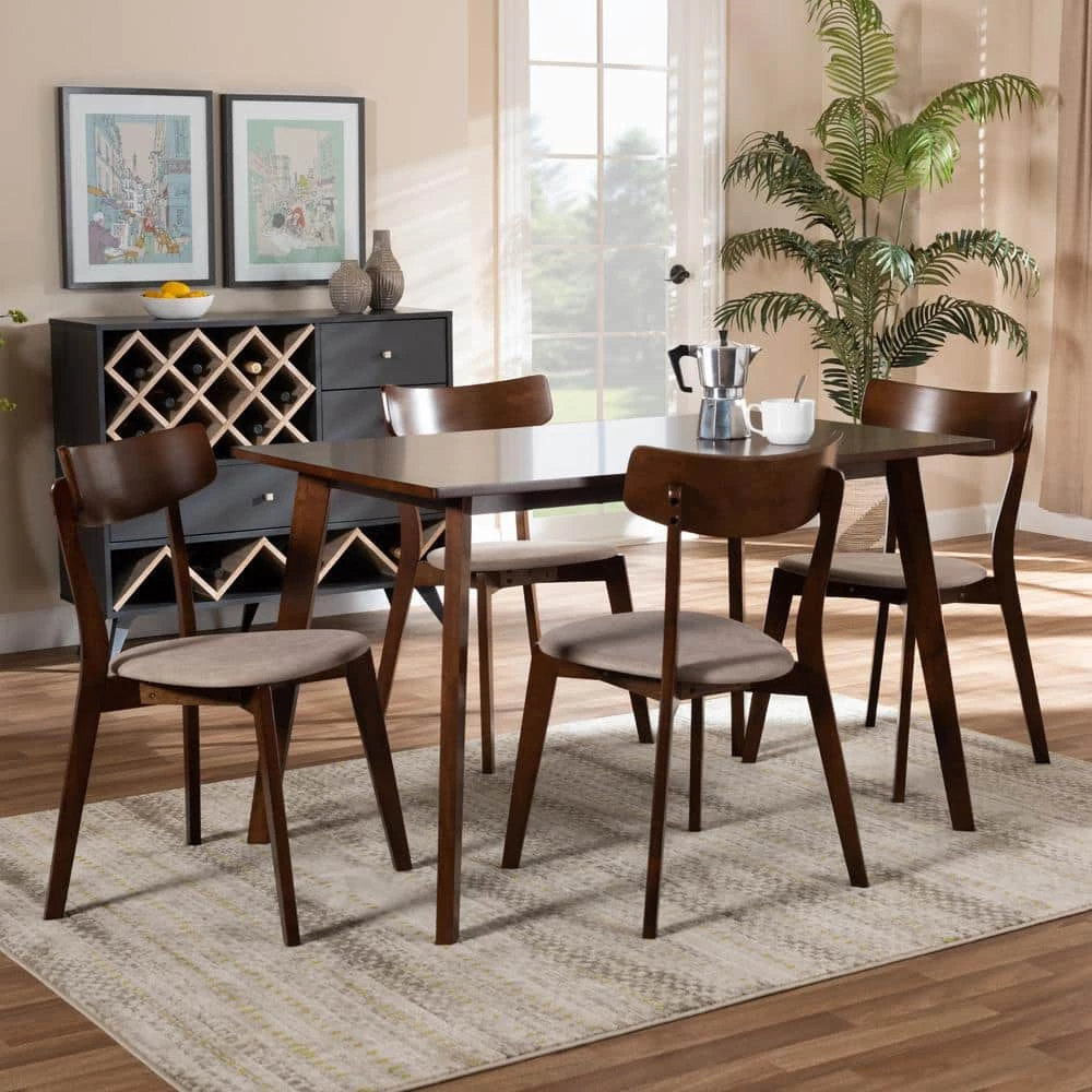 Nori 5-Piece Light Beige and Walnut Dining Set by Baxton Studio - Image 3