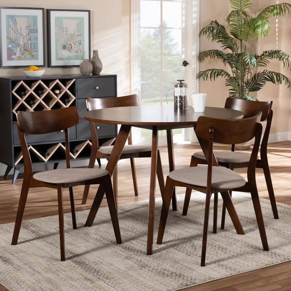Rika 5-Piece Light Beige and Walnut Dining Set by Baxton Studio - Image 3
