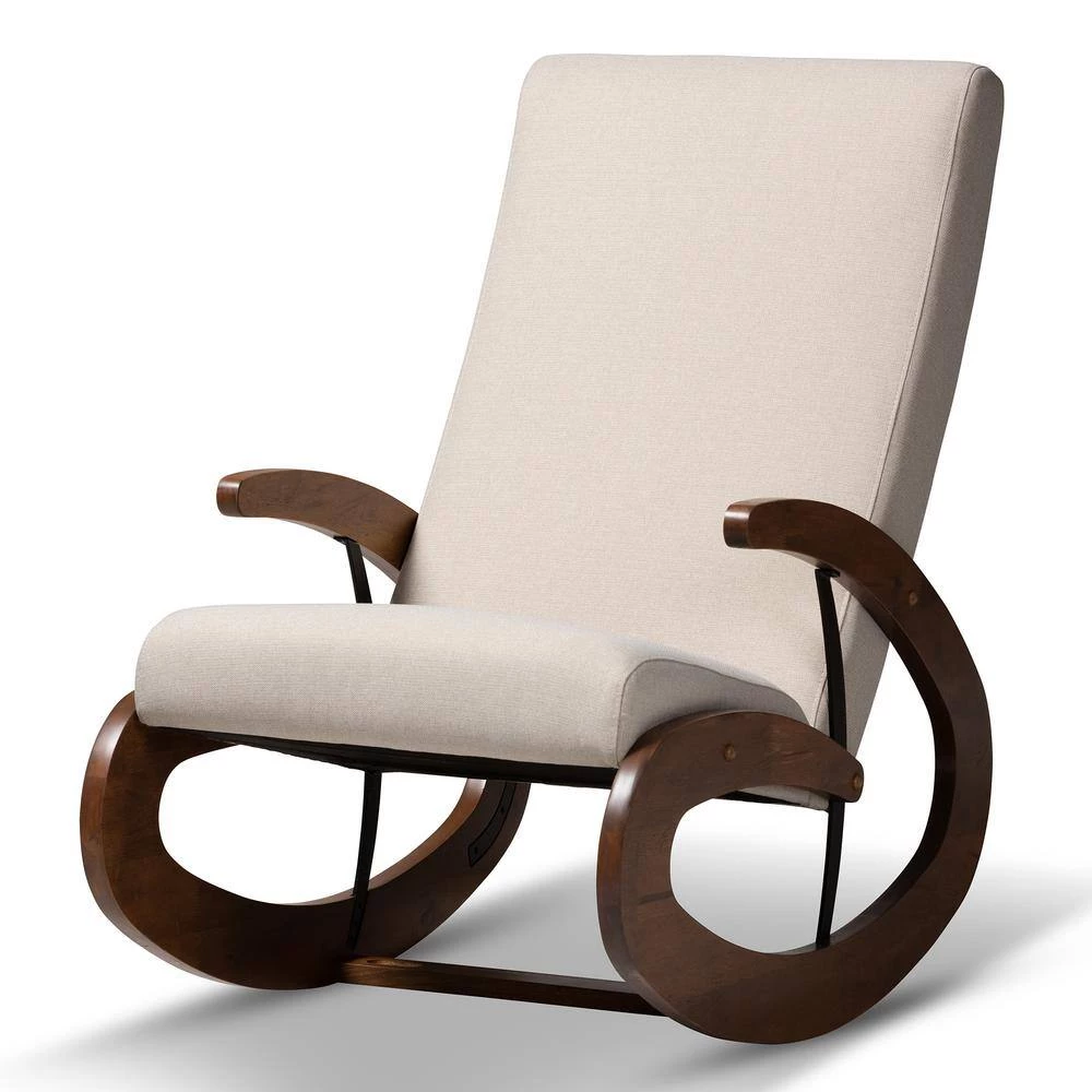 Kaira Light Beige and Walnut Fabric Rocking Chair by Baxton Studio - Image 7