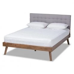 Devan Light Grey and Walnut King Platform Bed by Baxton Studio