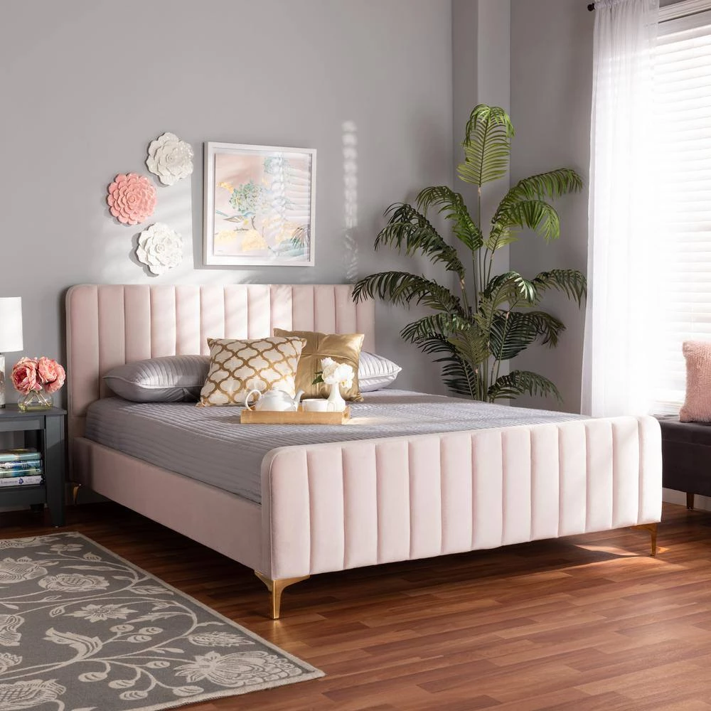 Nami Light Pink King Platform Bed by Baxton Studio - Image 7